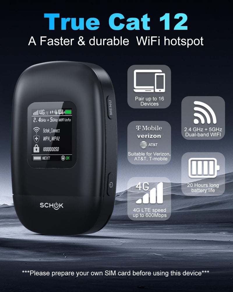 Schok 4G LTE Portable WiFi - Cat 12 Mobile Hotspot Travel Router, 600Mbps Download High Speed, Dual Bands (2.4GHz/5GHz), Supports 16 Connected Devices, Compatible with Verizon，T-Mobile, ATT - Image 2